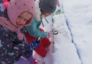 Dziewczynki obserwują śnieg za pomocą lup.